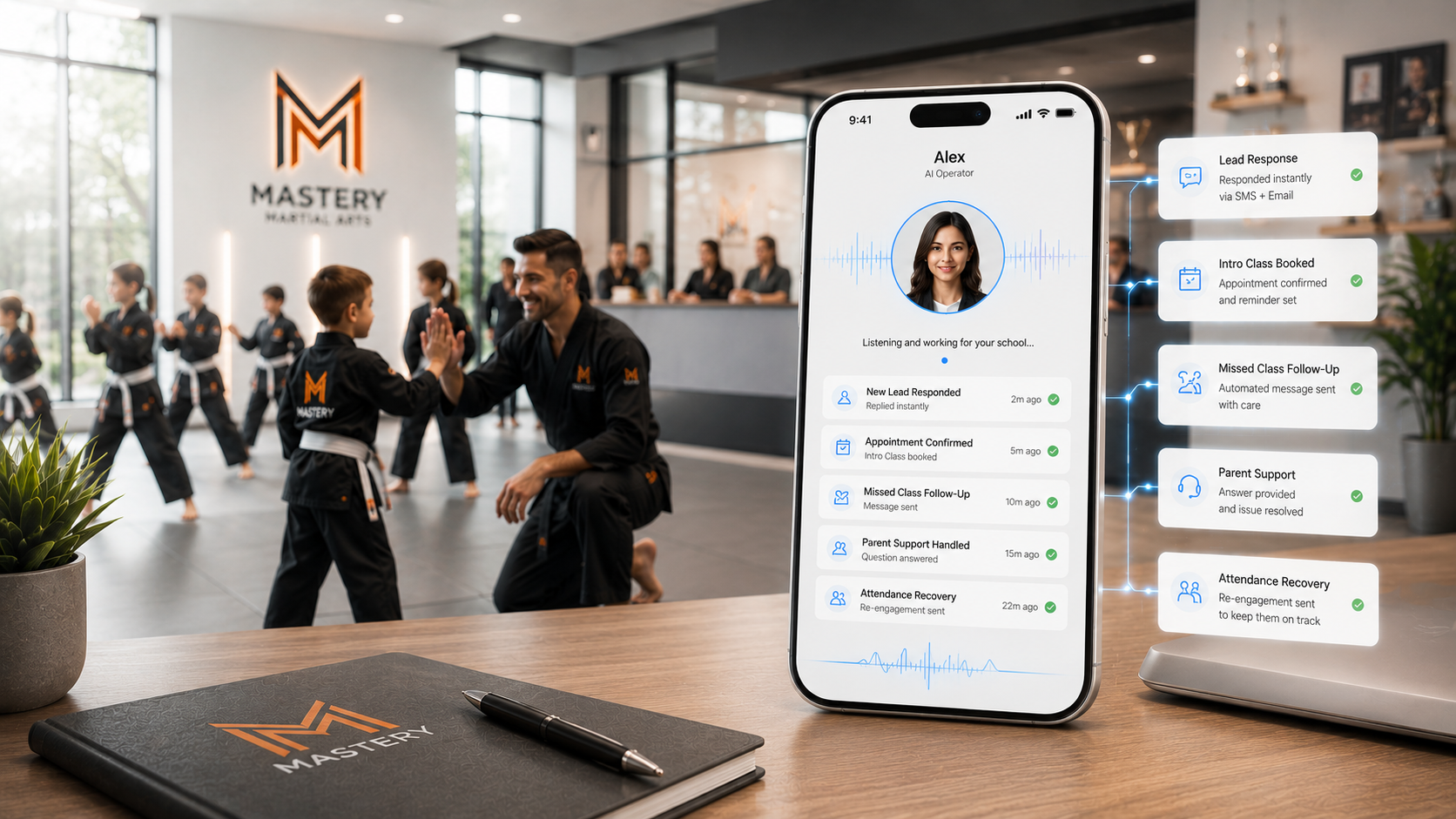 Alex AI Operator handling lead response, bookings, follow-ups, and parent support for a martial arts school